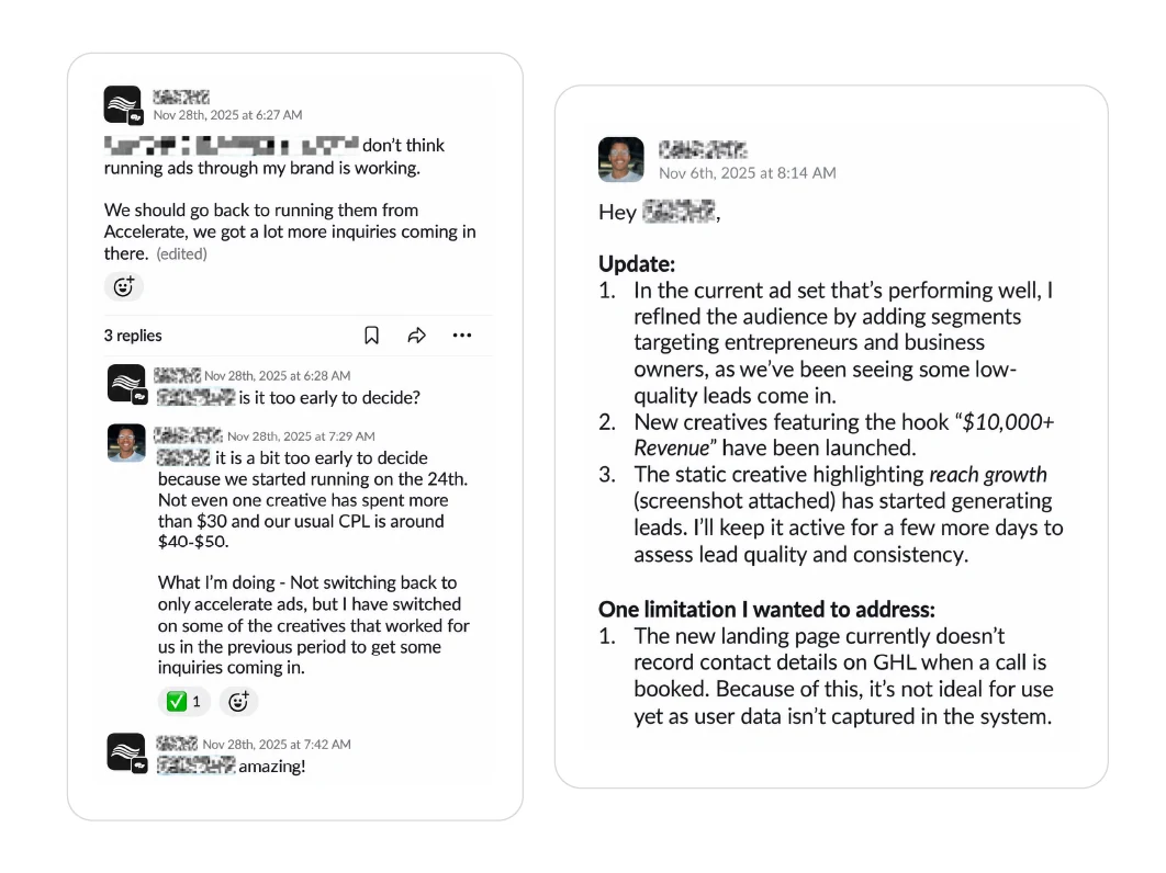 Campaign updates describing audience refinement and lead qualification