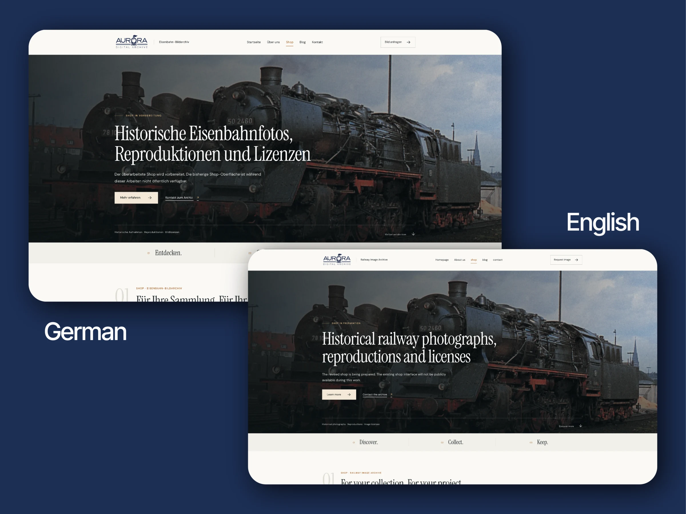 German and English railway archive interfaces side by side