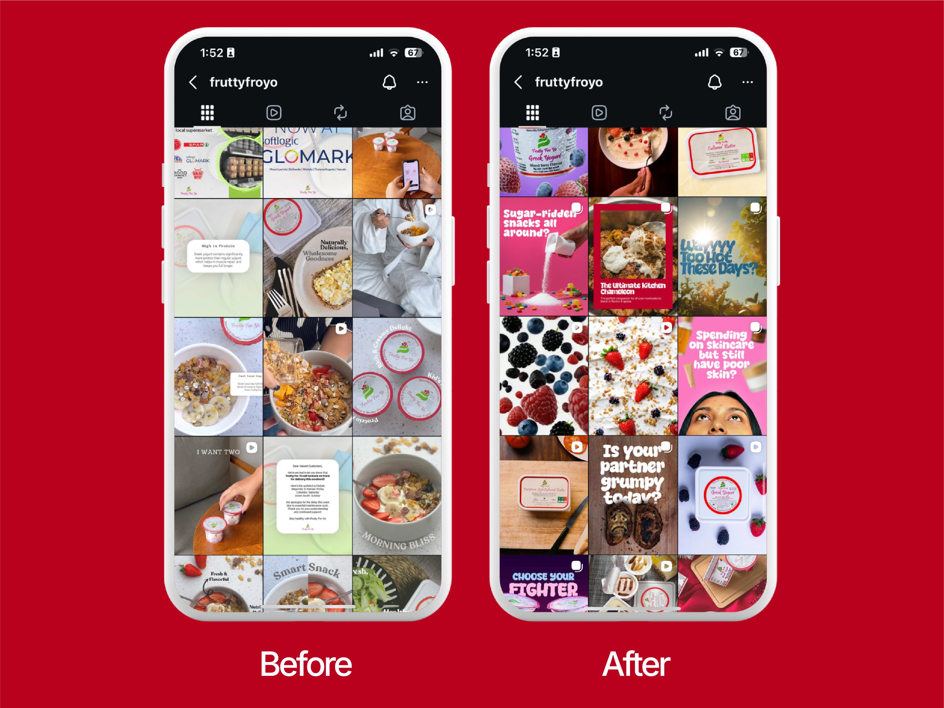 Frutty Fro Yo social feed before and after the visual identity refresh