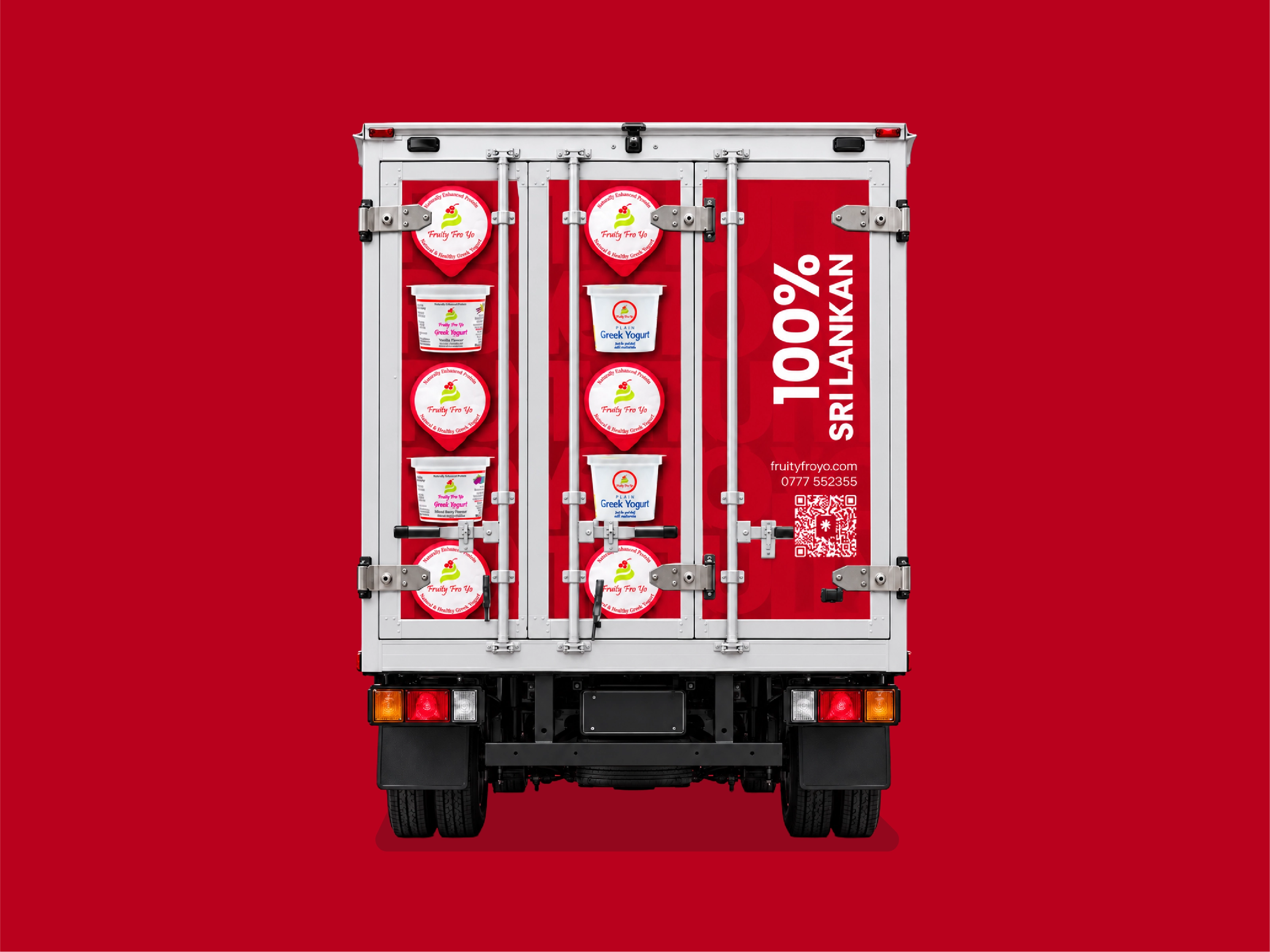 Rear view of the Frutty Fro Yo branded delivery truck