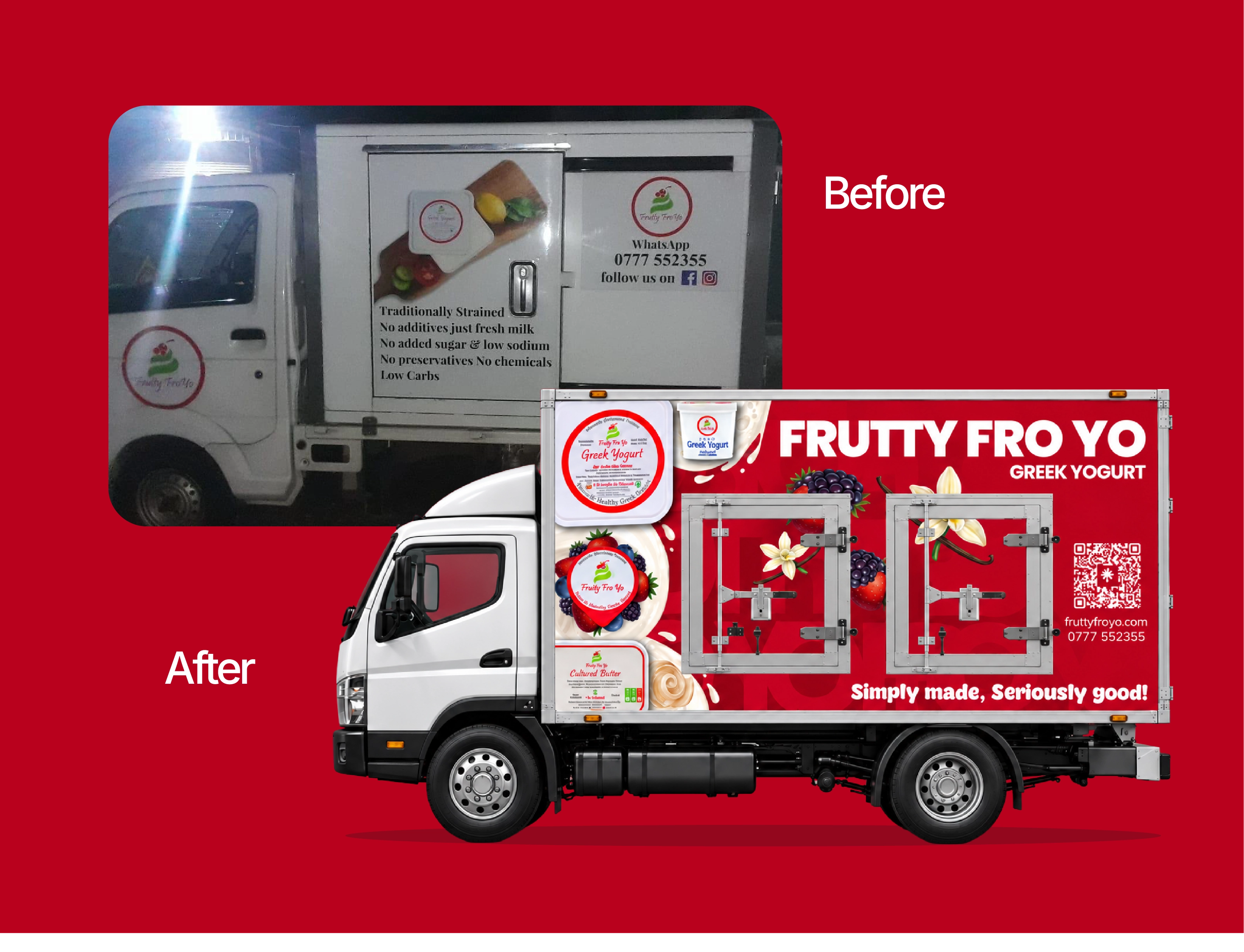 Frutty Fro Yo delivery truck branding before and after the redesign