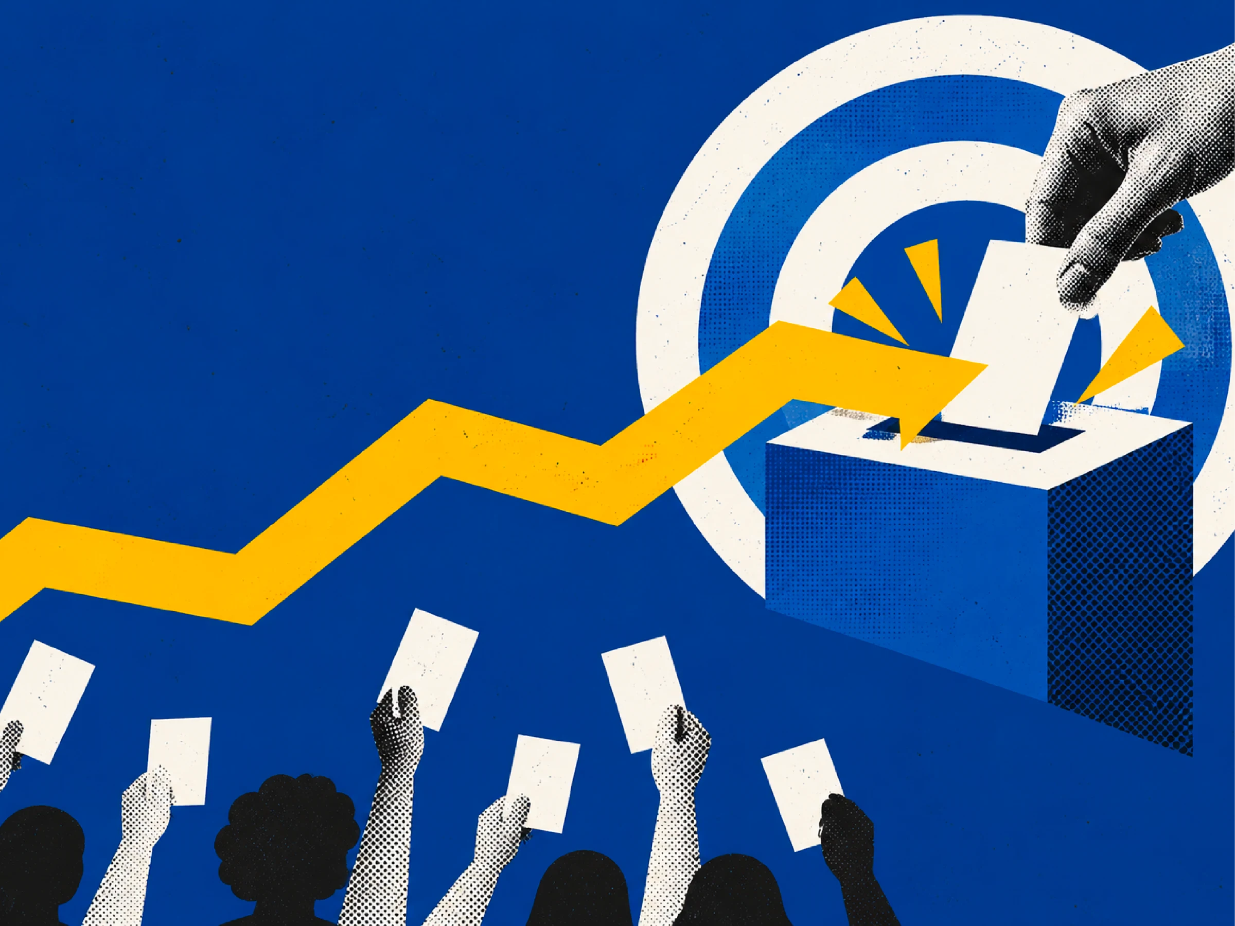 Illustration of election results and an upward arrow, not a reporting screenshot