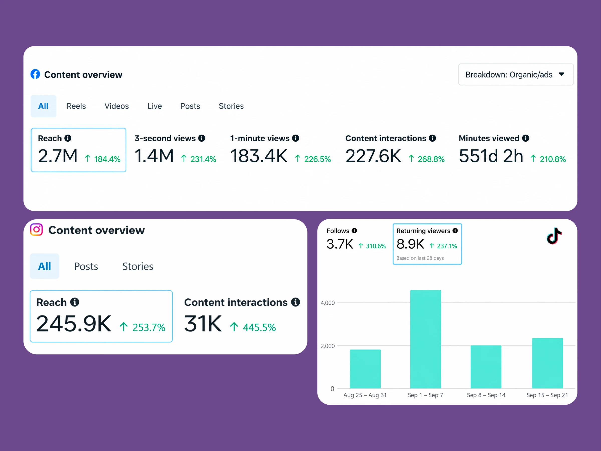 Campaign reporting screenshots for Facebook, Instagram and TikTok with 2.7M Facebook reach and 245K Instagram reach