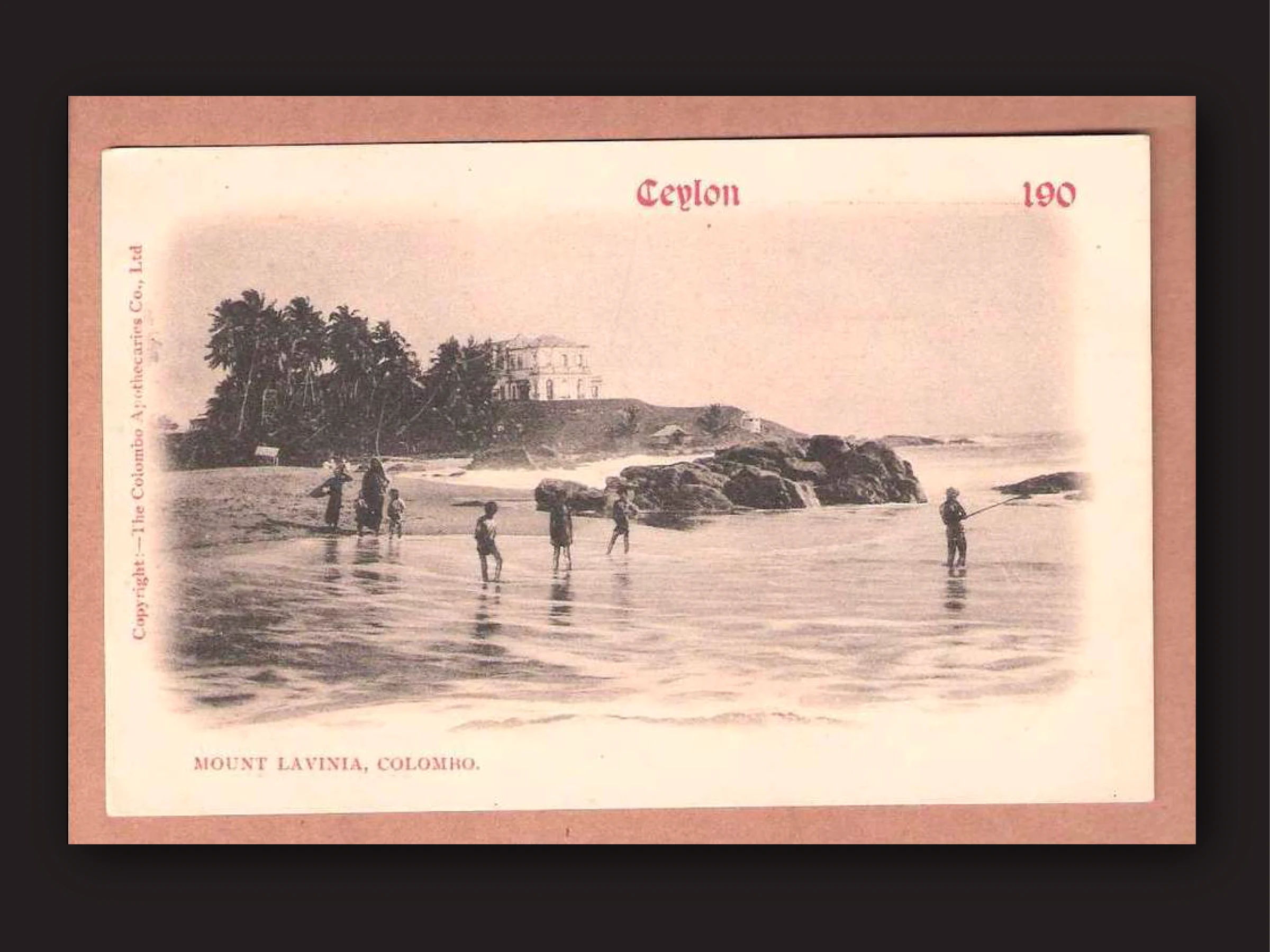 Vintage postcard depicting Mount Lavinia Hotel and the shoreline