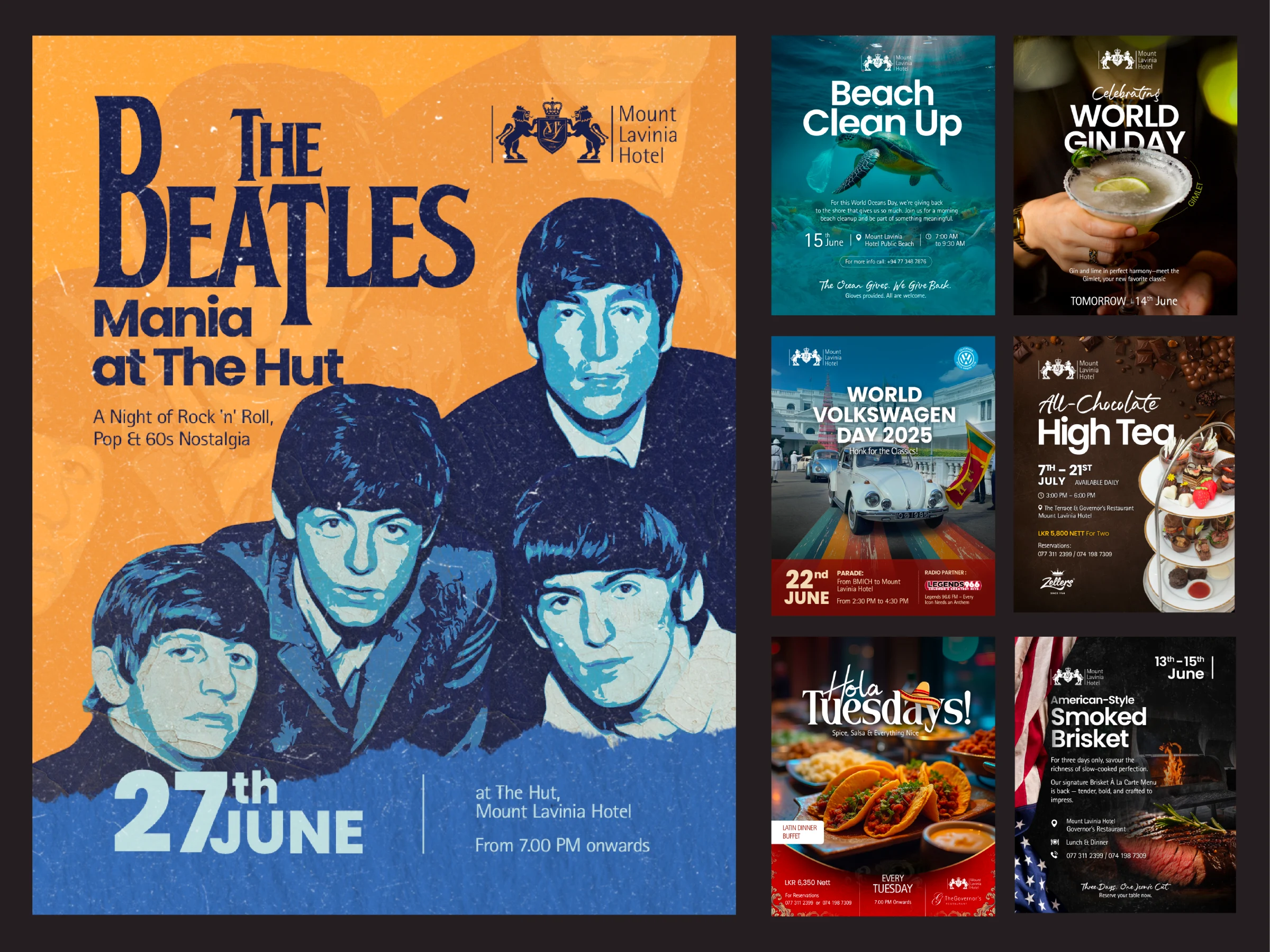 Mount Lavinia Hotel campaign creatives including Beatles Mania, World Oceans Day, World Gin Day and dining promotions