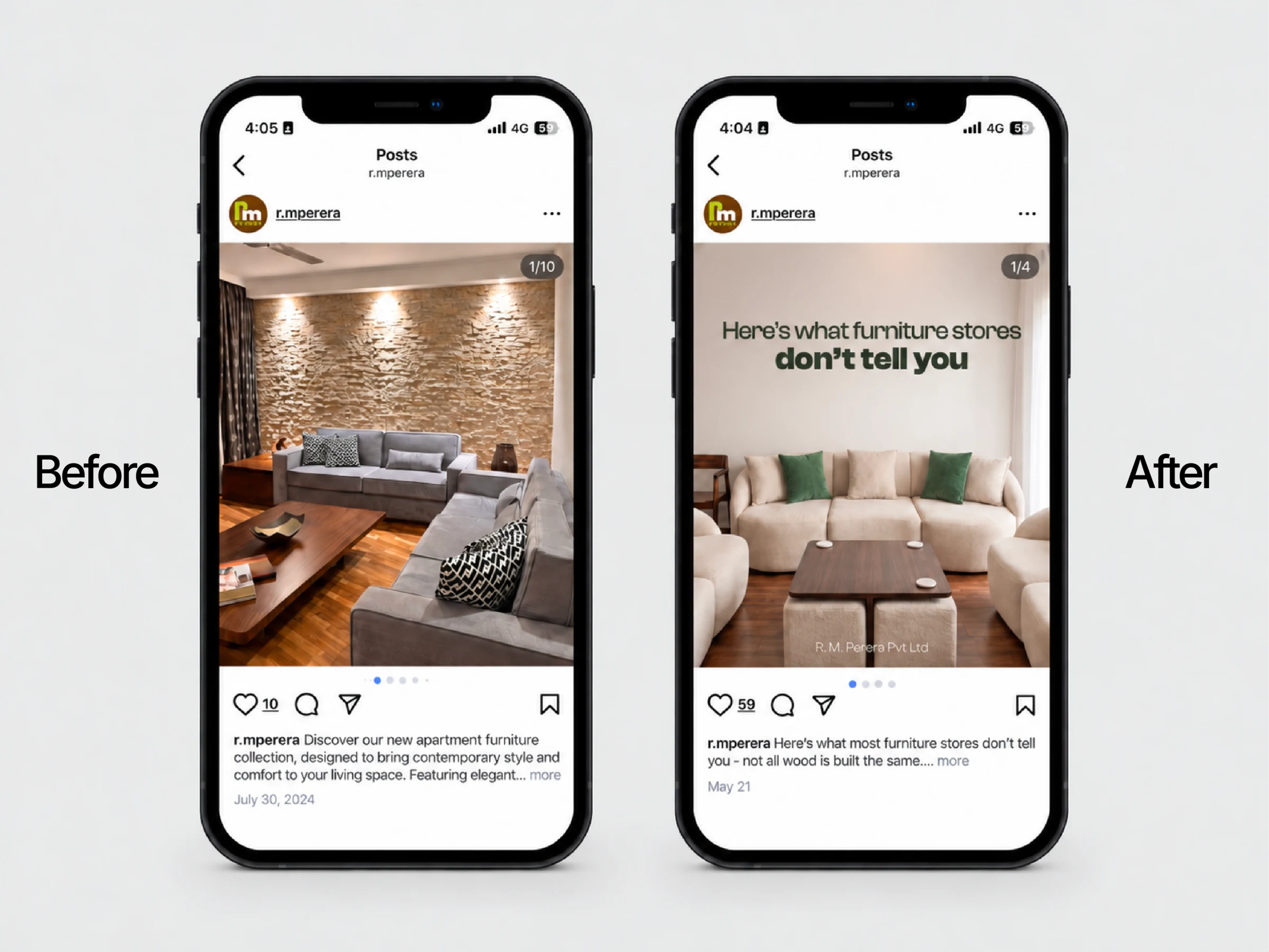 Furniture social post before and after creative refinement