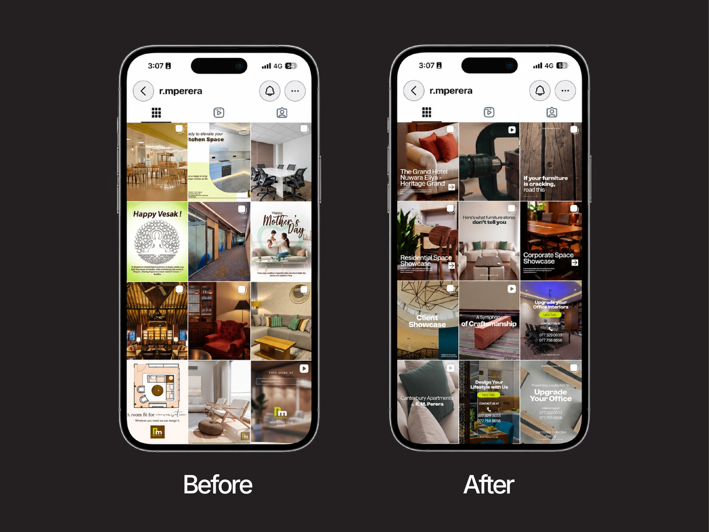 Side-by-side comparison of the R. M. Perera social feed before and after Zephra