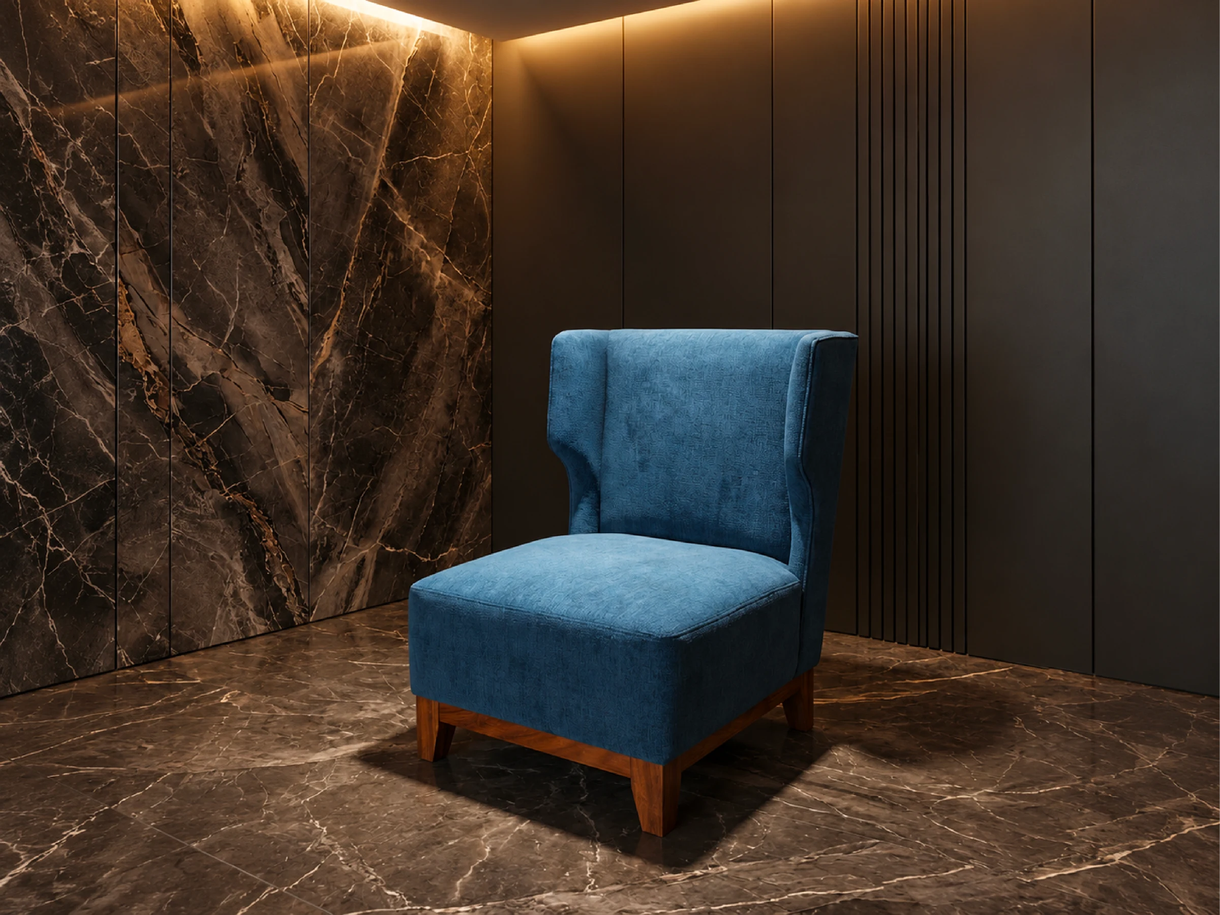 R. M. Perera upholstered lounge chair and interior finishes