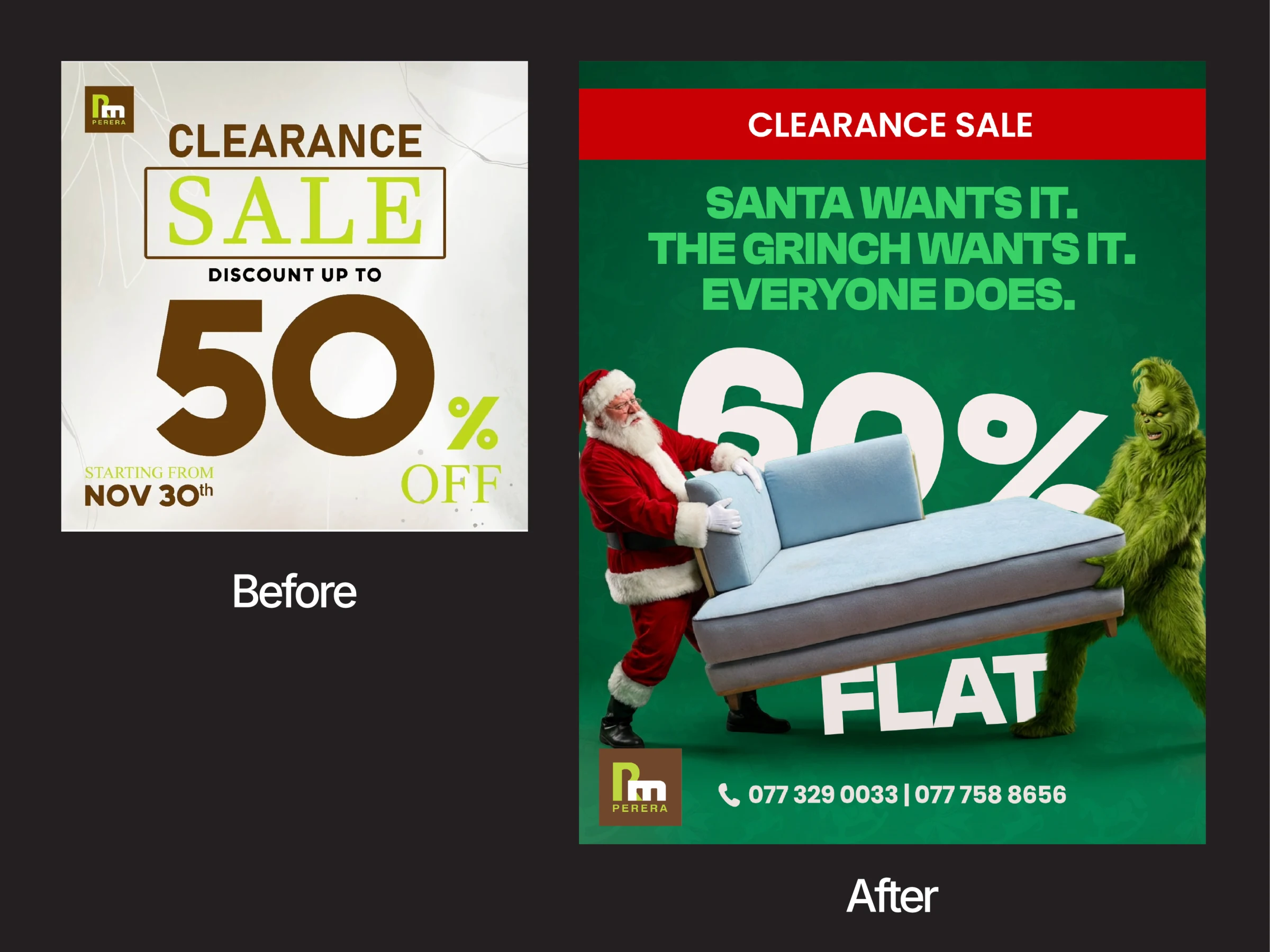 Furniture sale campaign creative before and after redesign